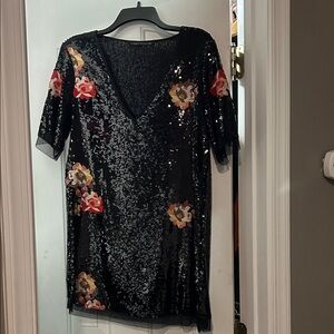 Zara Black Sequin Mini Dress with Floral Embroidery
